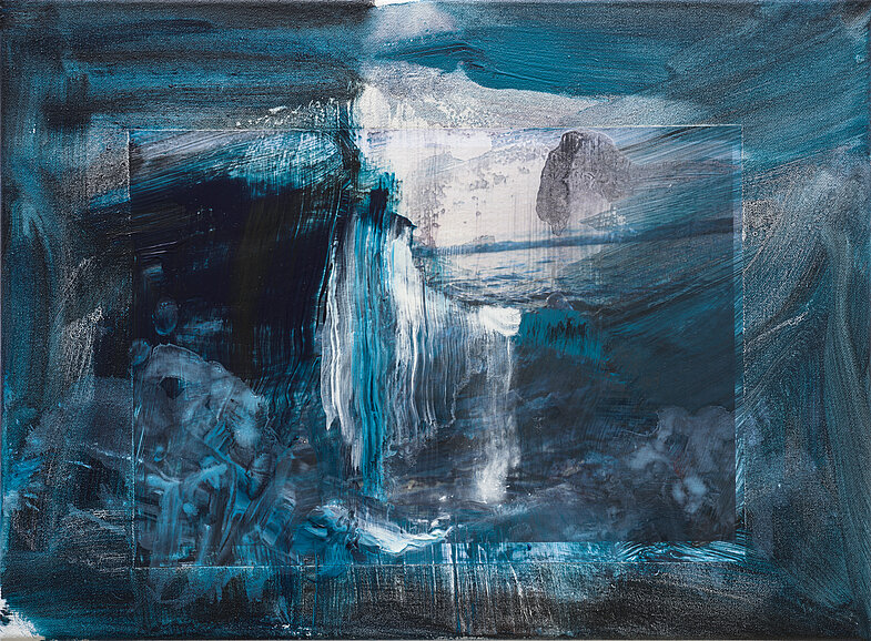 Martin Schepers, aus der Serie Zirkulation II, 31 x 42 cm, 2025, Öl, Acryl und Inkjet Print auf Leinwand